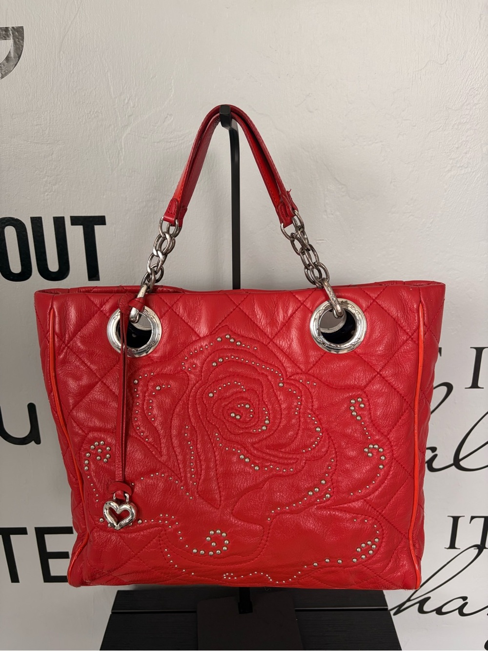 Brighton Linaria Logan Silver Studded Rose Red Quilted Tote with Chain Handle